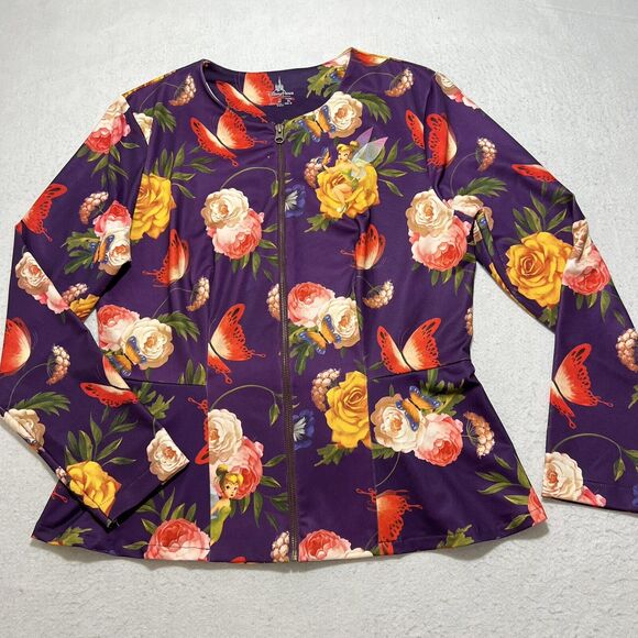 Disney Parks Women's Large Floral Peter Pan Tinkerbell Full Zip Peplum Jacket - Picture 1 of 13